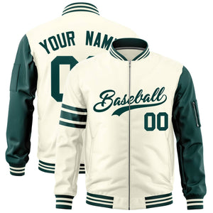 Custom Cream Midnight Green Varsity Full-Zip Raglan Sleeves Stripe Letterman Bomber Jacket