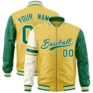 Custom Old Gold Kelly Green-White Varsity Full-Zip Raglan Sleeves Stripe Letterman Bomber Jacket