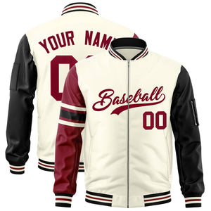 Custom Cream Crimson-Black Varsity Full-Zip Raglan Sleeves Stripe Letterman Bomber Jacket