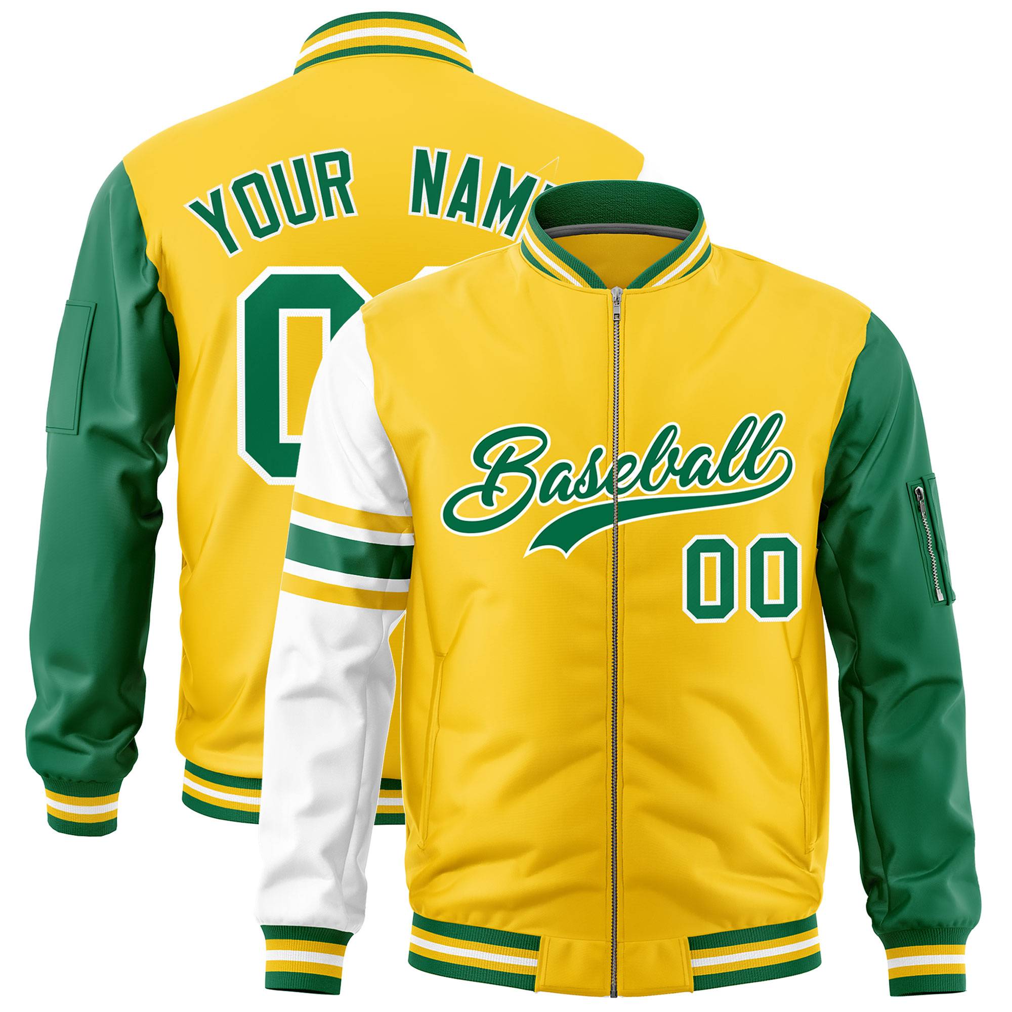 Custom Gold Kelly Green-White Varsity Full-Zip Raglan Sleeves Stripe Letterman Bomber Jacket