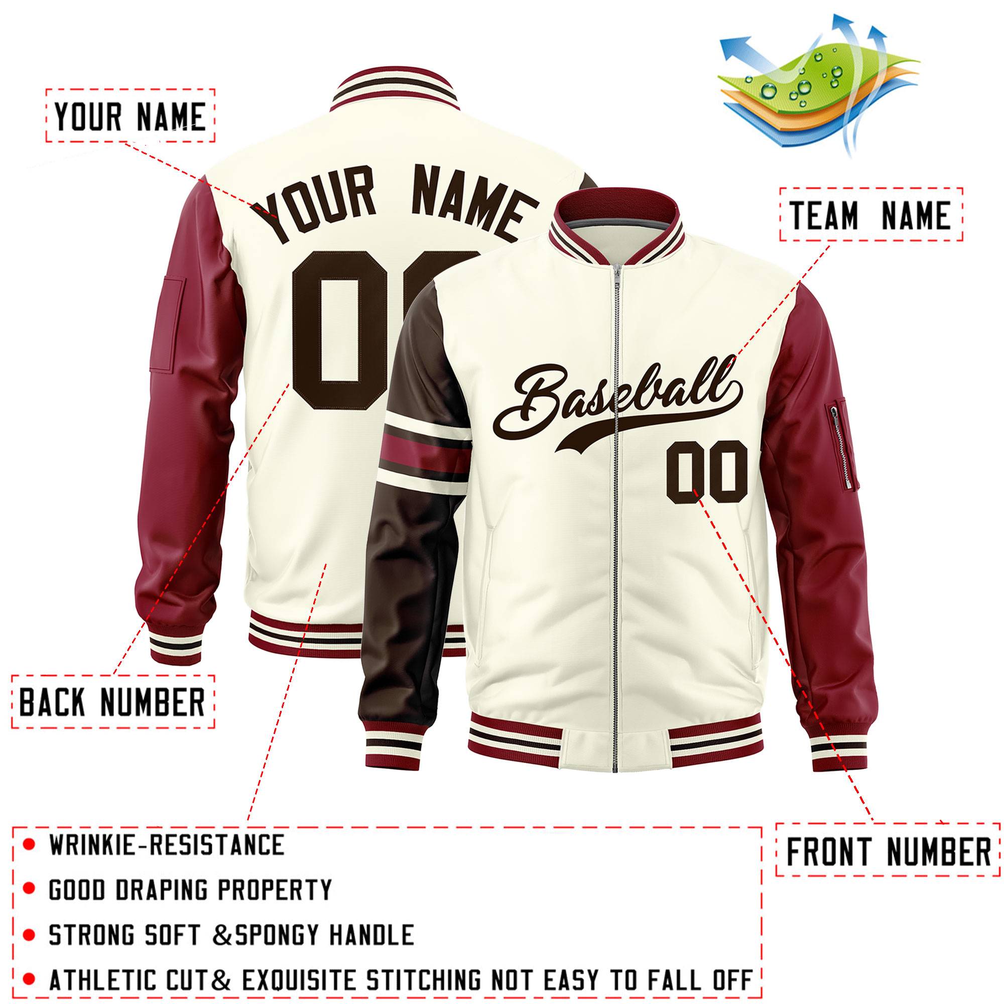 Custom Cream Brown-Crimson Varsity Full-Zip Raglan Sleeves Stripe Letterman Bomber Jacket