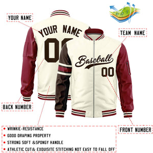 Custom Cream Brown-Crimson Varsity Full-Zip Raglan Sleeves Stripe Letterman Bomber Jacket