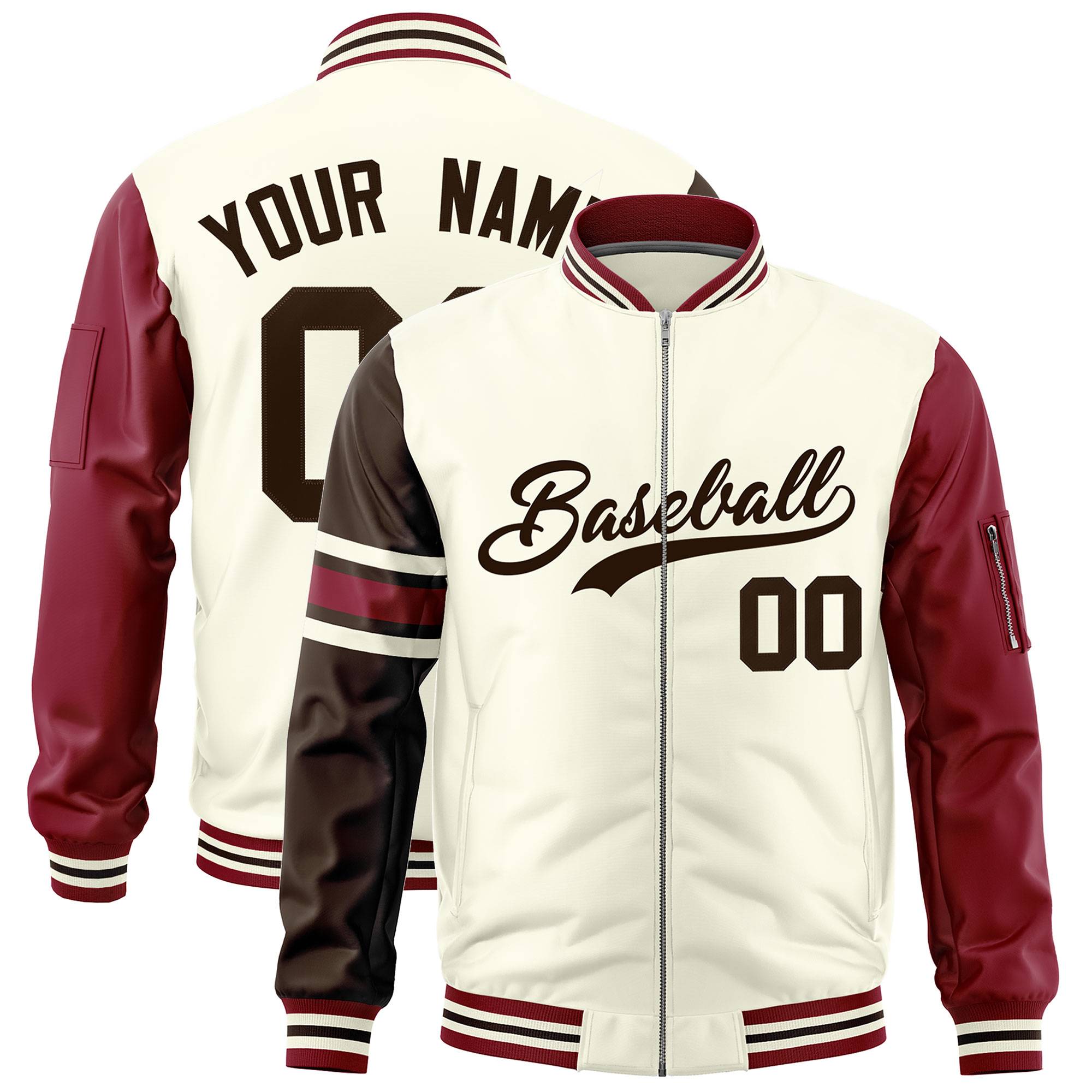 Custom Cream Brown-Crimson Varsity Full-Zip Raglan Sleeves Stripe Letterman Bomber Jacket