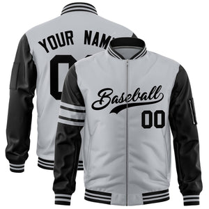 Custom Silver Black Varsity Full-Zip Raglan Sleeves Stripe Letterman Bomber Jacket