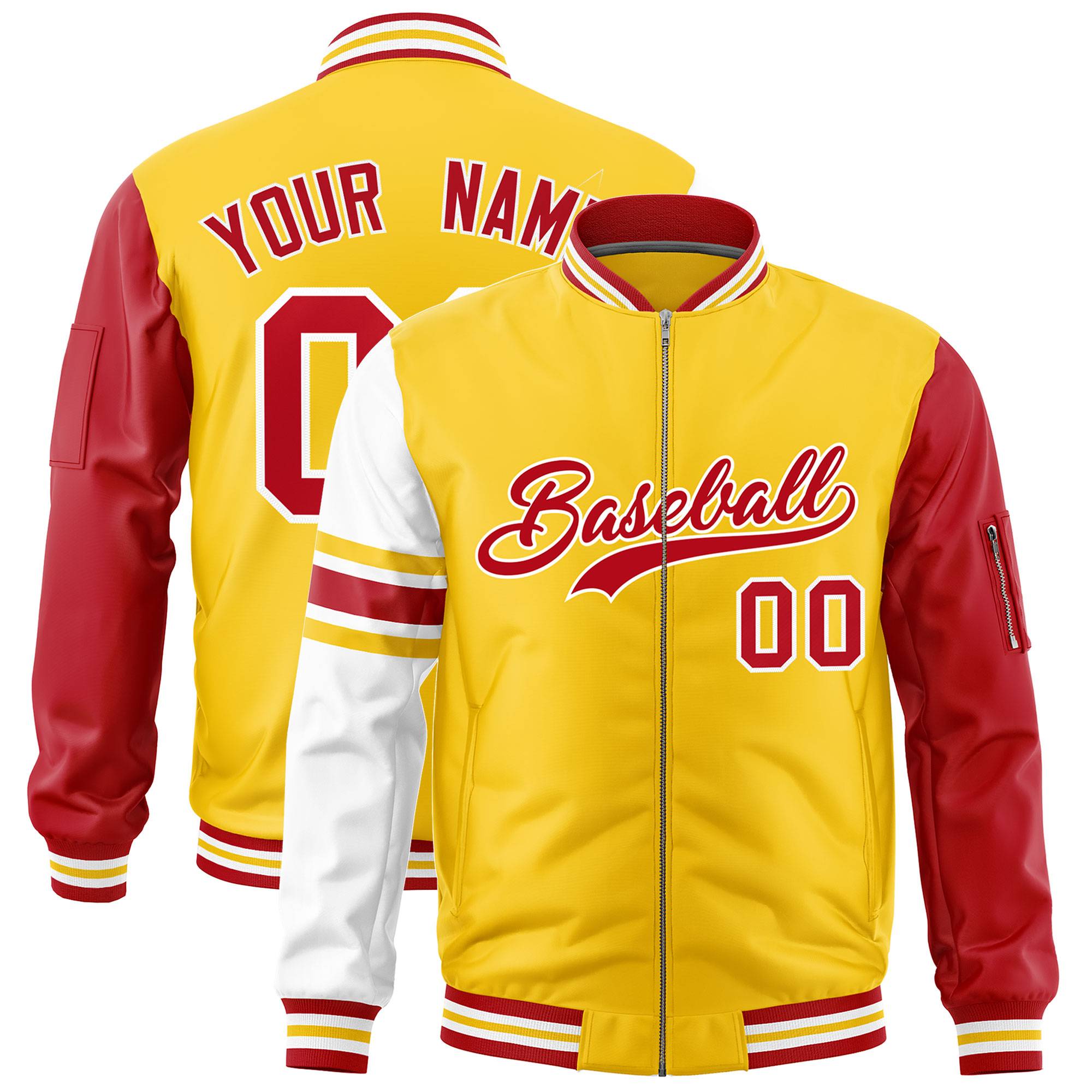 Custom Gold Red-White Varsity Full-Zip Raglan Sleeves Stripe Letterman Bomber Jacket