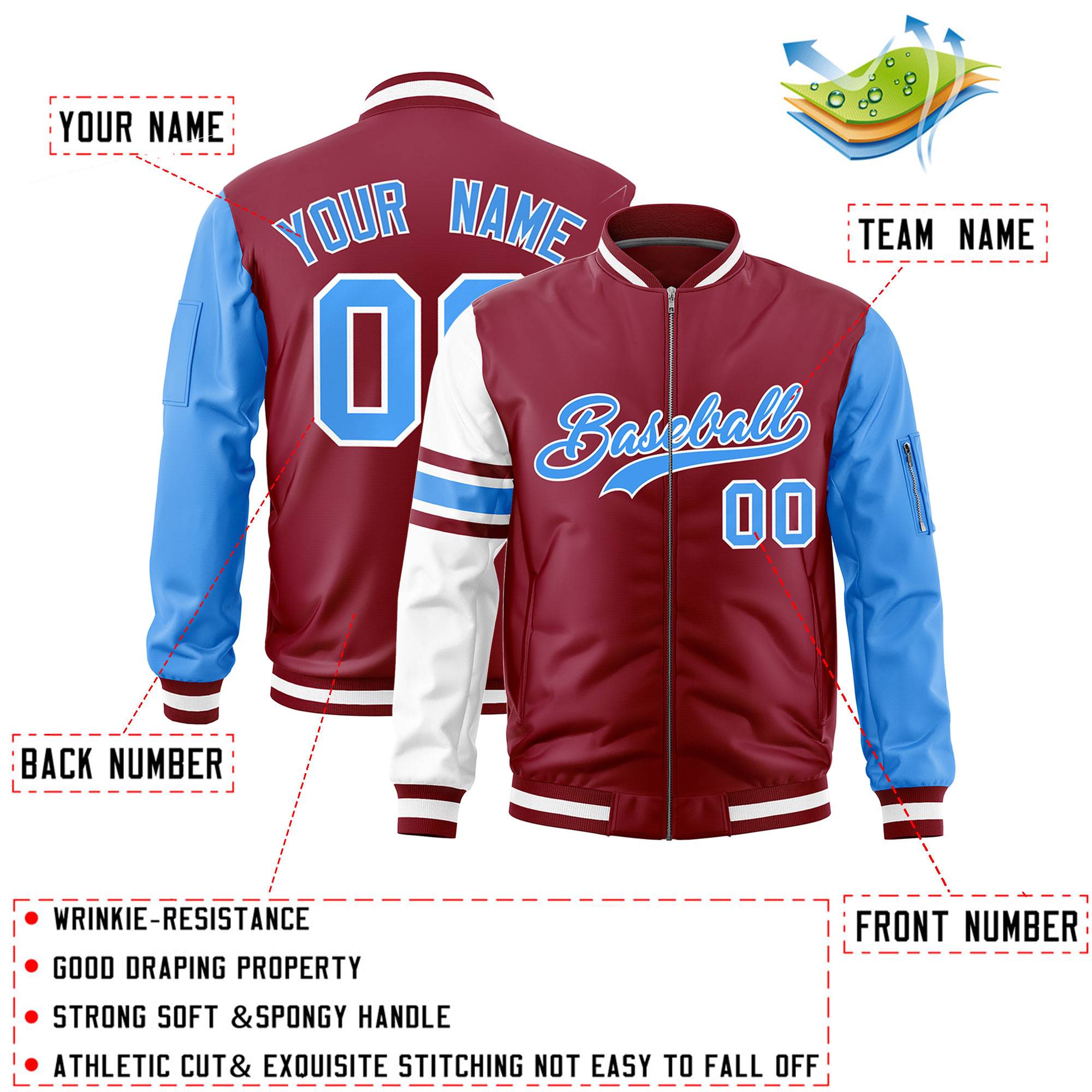 Custom Crimson Powder Blue-White Varsity Full-Zip Raglan Sleeves Stripe Letterman Bomber Jacket