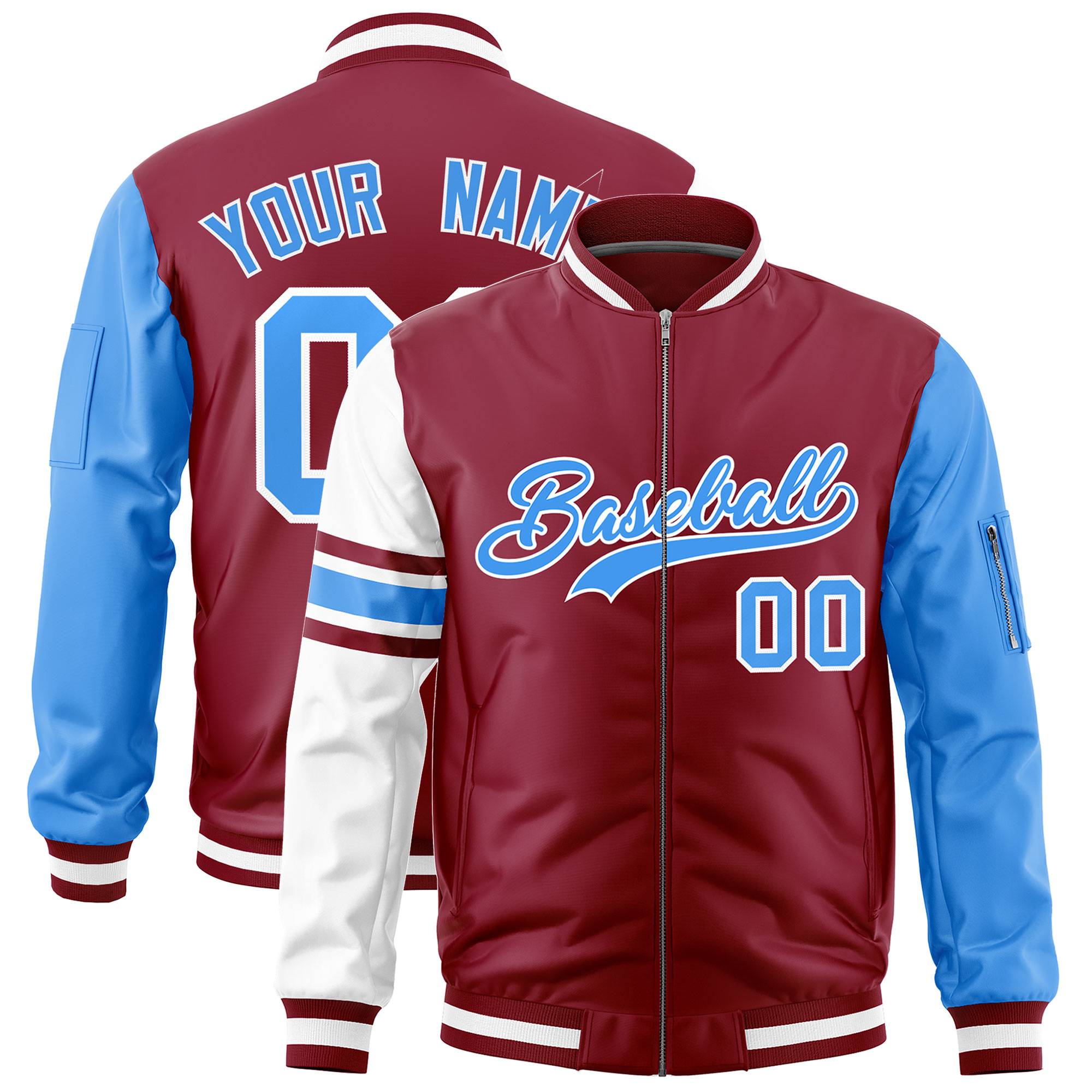 Custom Crimson Powder Blue-White Varsity Full-Zip Raglan Sleeves Stripe Letterman Bomber Jacket