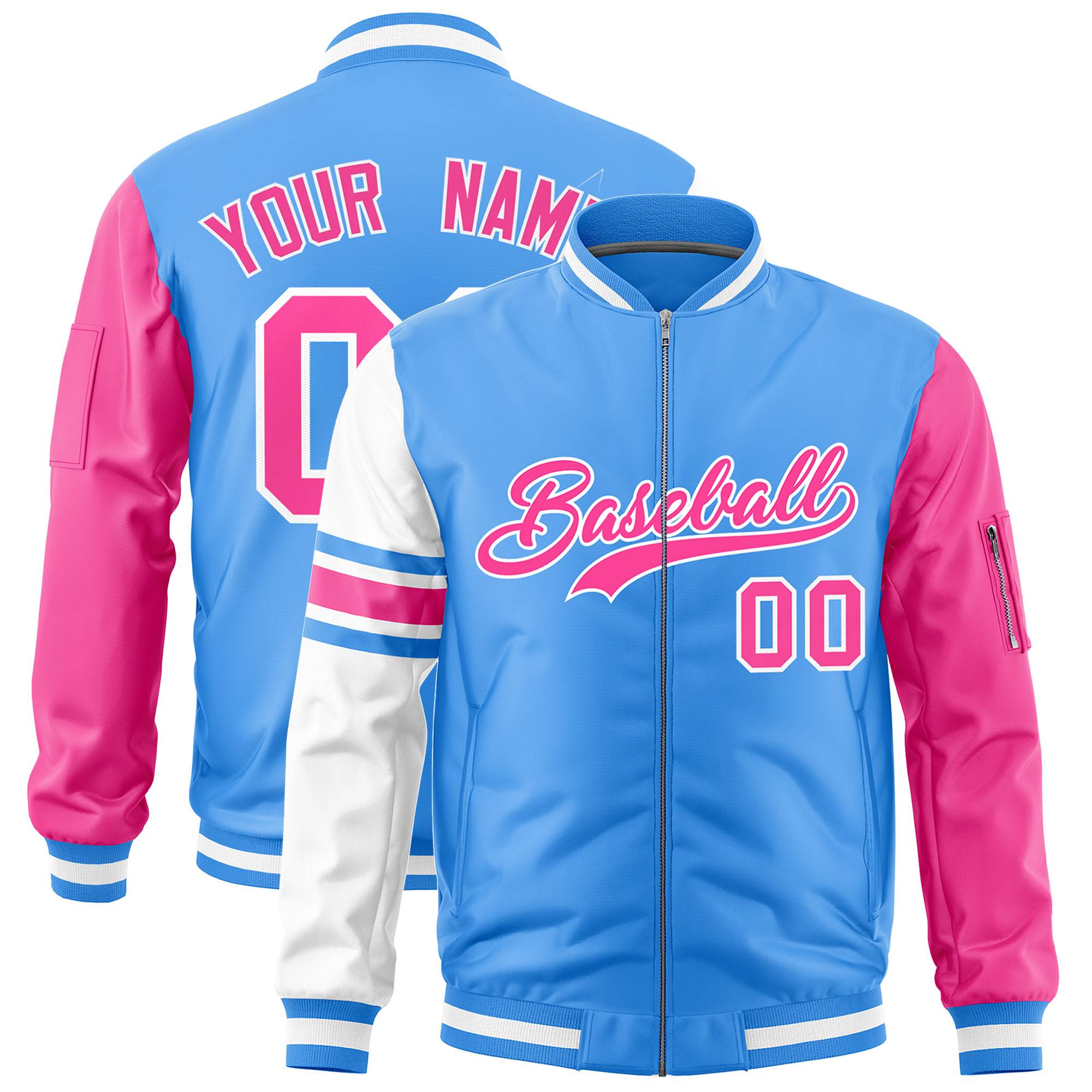 Custom Powder Blue Pink-White Varsity Full-Zip Raglan Sleeves Stripe Letterman Bomber Jacket