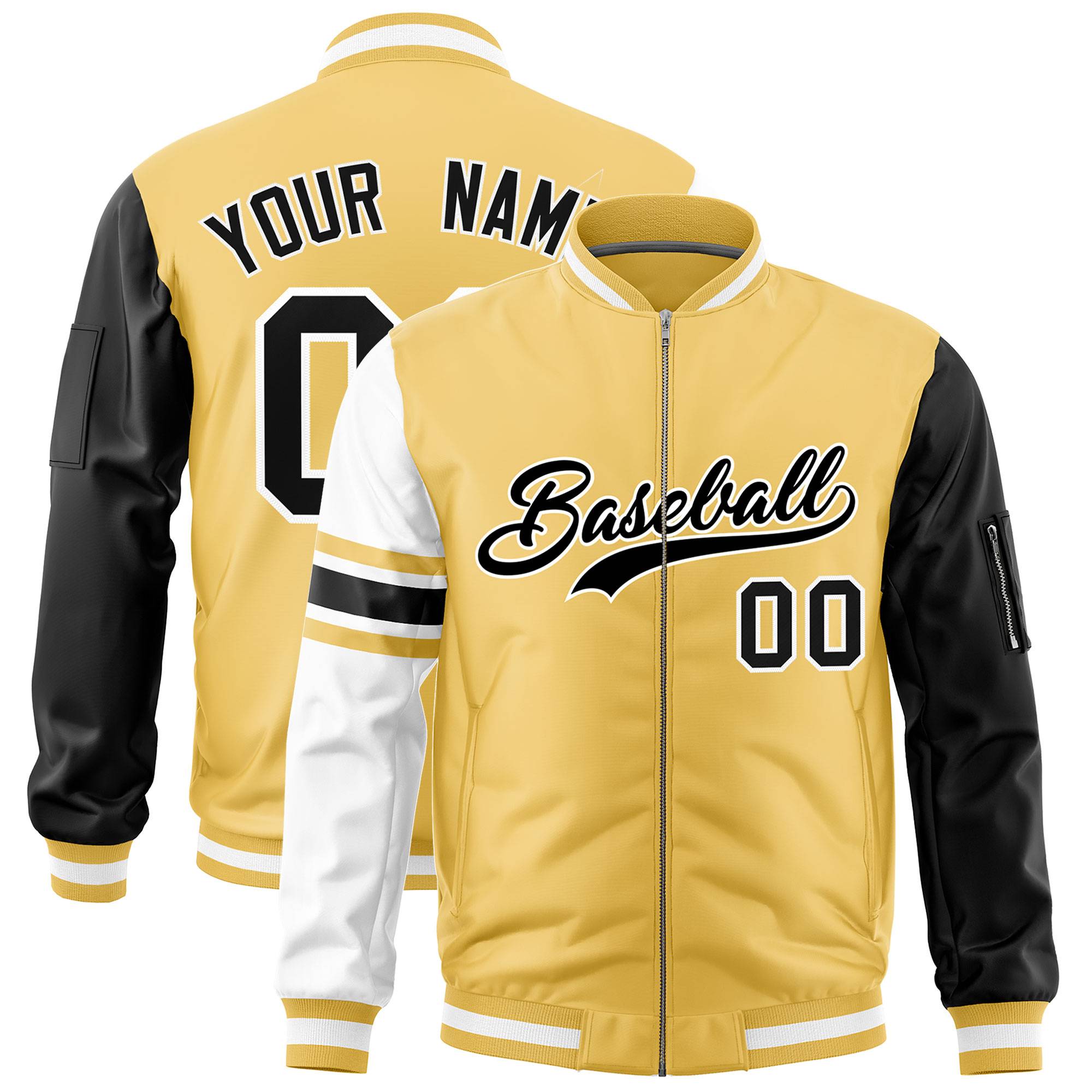 Custom Khaki Black-White Varsity Full-Zip Raglan Sleeves Stripe Letterman Bomber Jacket