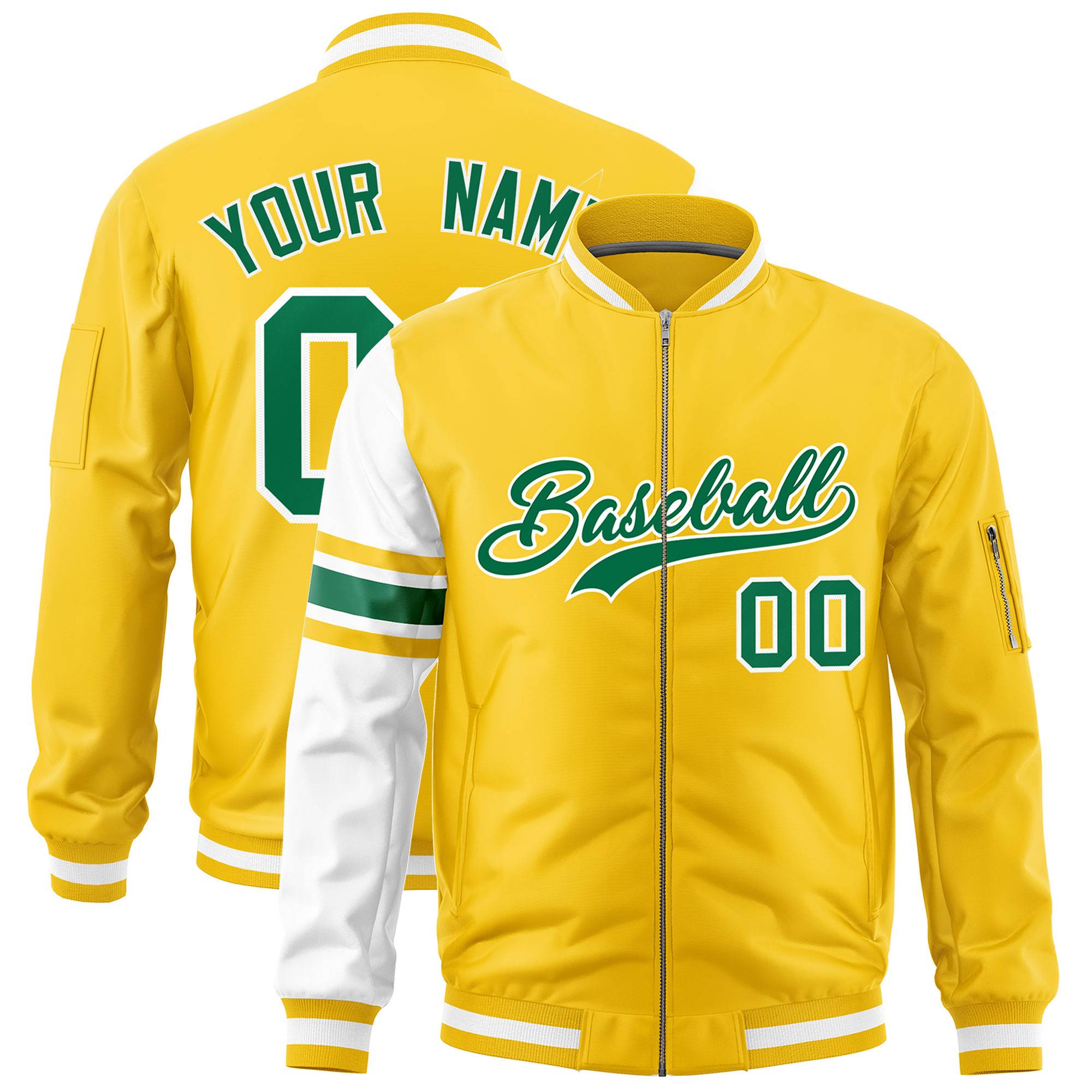 Custom Gold White Varsity Full-Zip Raglan Sleeves Stripe Letterman Bomber Jacket