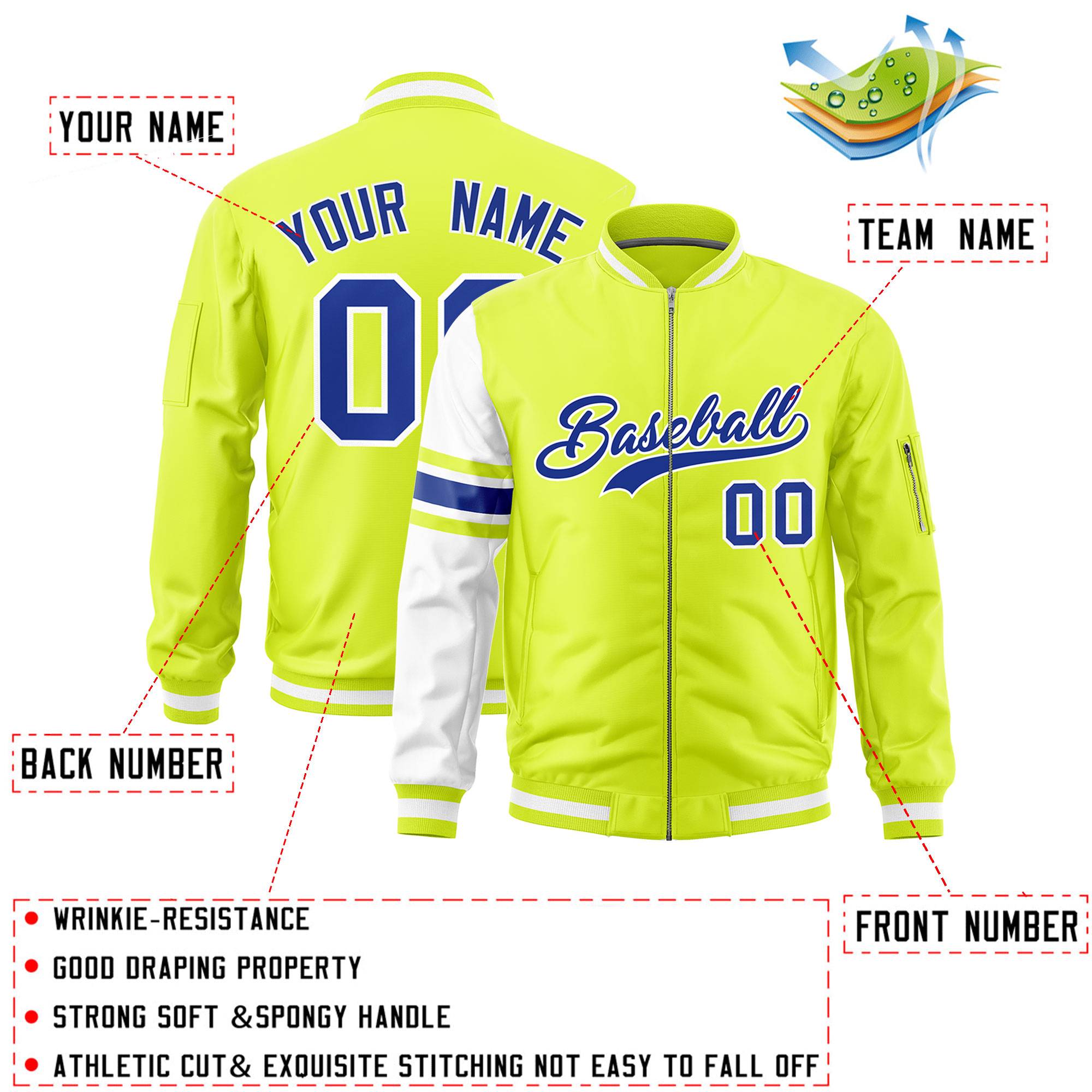 Custom Fluorescent Green White Varsity Full-Zip Raglan Sleeves Stripe Letterman Bomber Jacket