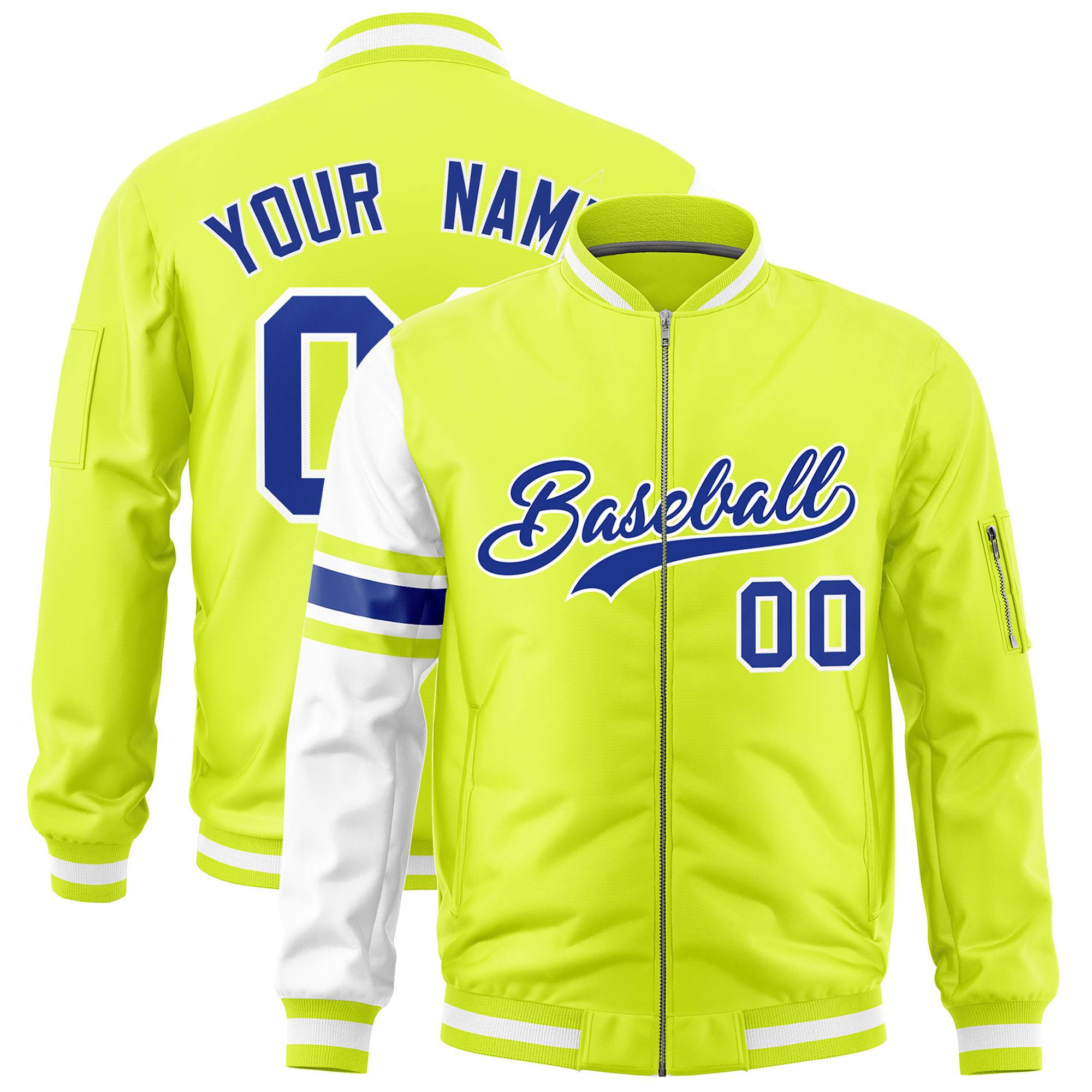 Custom Fluorescent Green White Varsity Full-Zip Raglan Sleeves Stripe Letterman Bomber Jacket