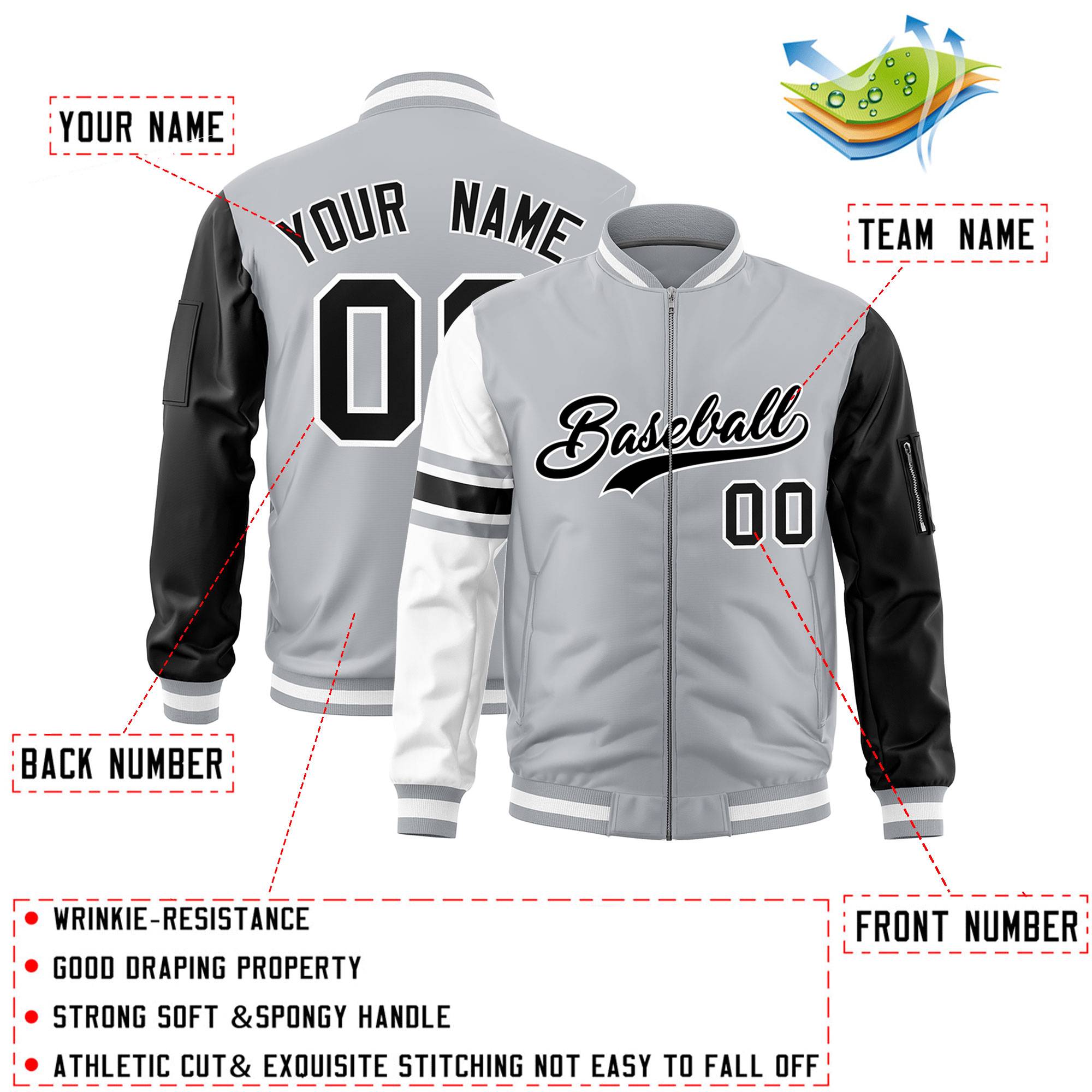 Custom Silver Black-White Varsity Full-Zip Raglan Sleeves Stripe Letterman Bomber Jacket