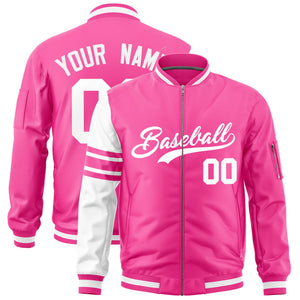 Custom Pink White Varsity Full-Zip Raglan Sleeves Stripe Letterman Bomber Jacket