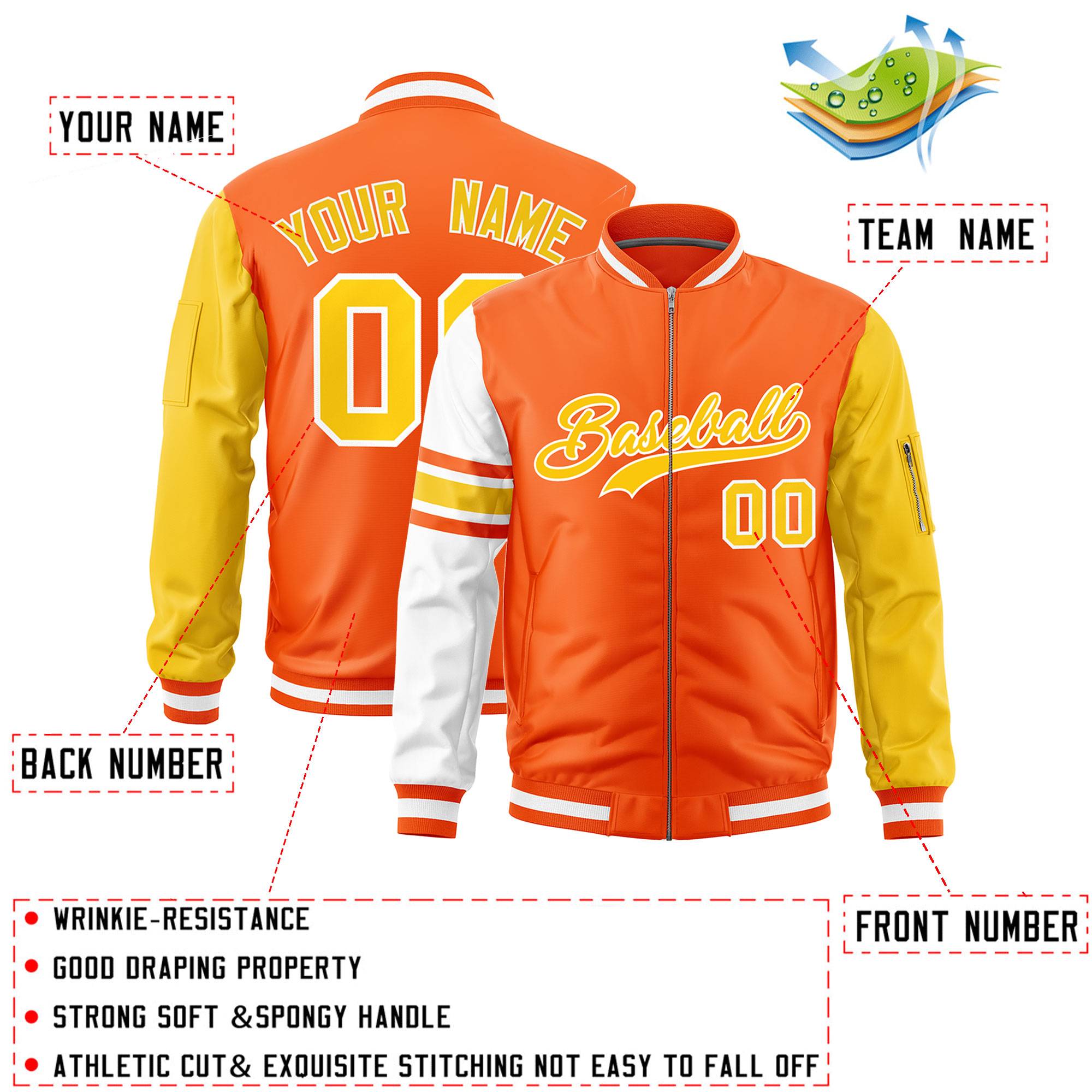 Custom Orange Gold-White Varsity Full-Zip Raglan Sleeves Stripe Letterman Bomber Jacket