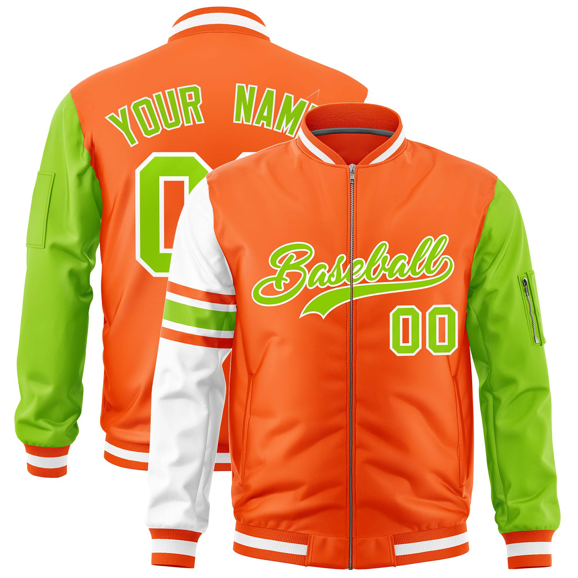 Custom Orange Neon Green-White Varsity Full-Zip Raglan Sleeves Stripe Letterman Bomber Jacket