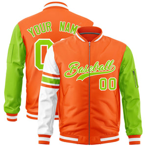 Custom Orange Neon Green-White Varsity Full-Zip Raglan Sleeves Stripe Letterman Bomber Jacket