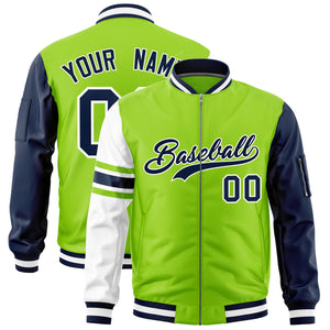 Custom Neon Green Navy-White Varsity Full-Zip Raglan Sleeves Stripe Letterman Bomber Jacket