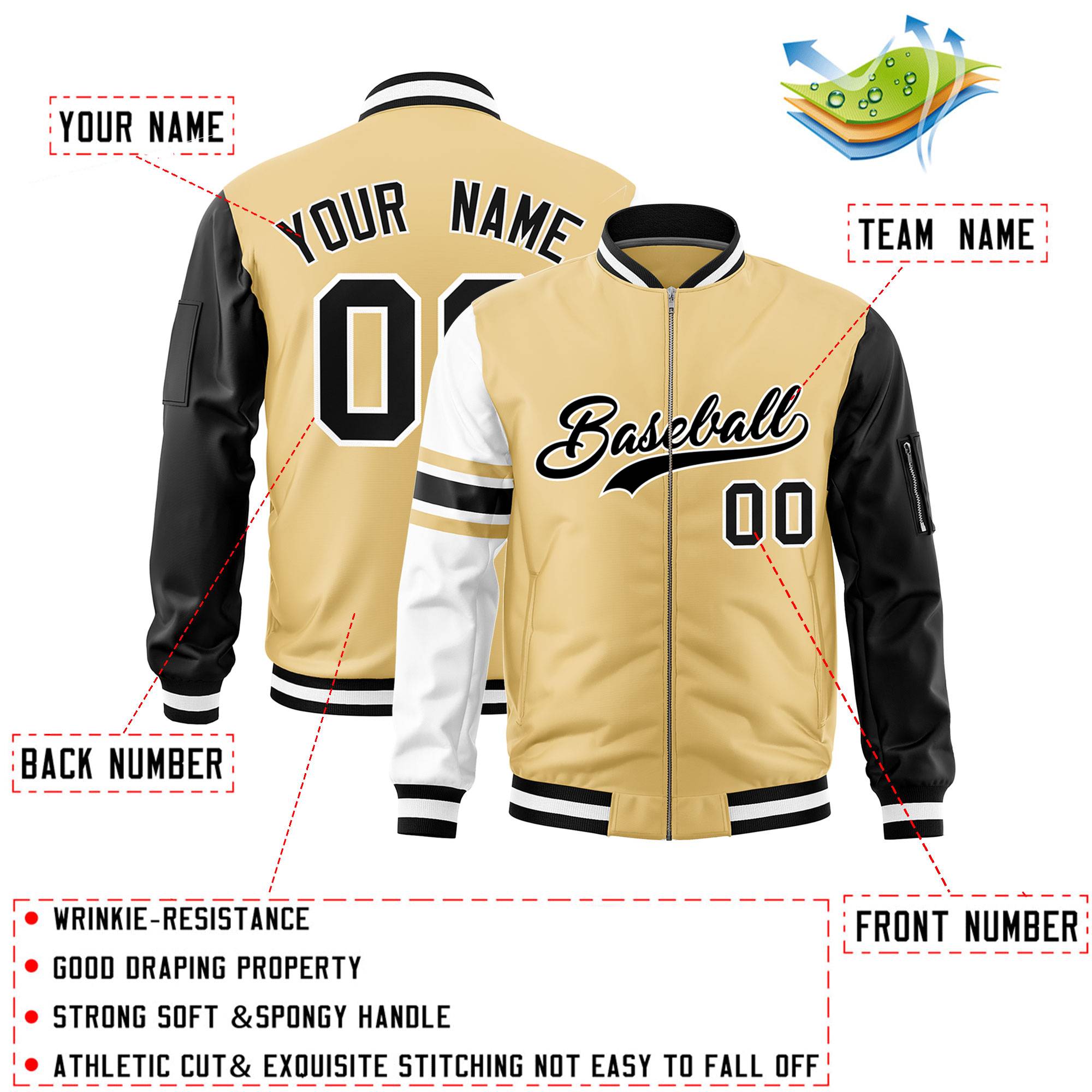 Custom Khaki Black-White Varsity Full-Zip Raglan Sleeves Stripe Letterman Bomber Jacket