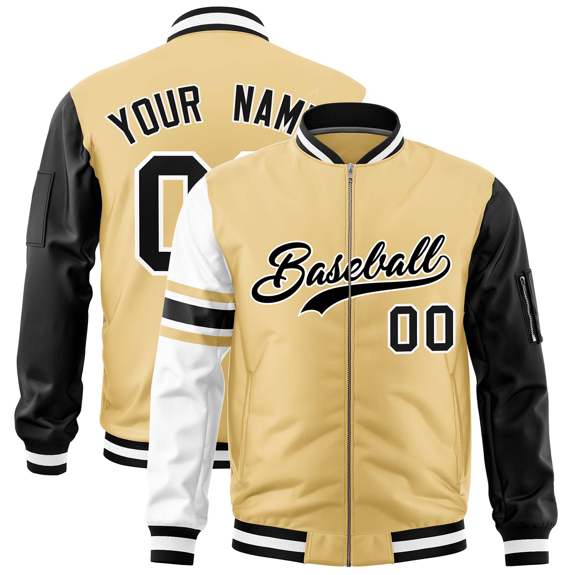 Custom Khaki Black-White Varsity Full-Zip Raglan Sleeves Stripe Letterman Bomber Jacket