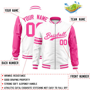 Custom White Pink Varsity Full-Zip Raglan Sleeves Stripe Letterman Bomber Jacket