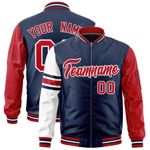 Custom Navy Red-White Varsity Full-Zip Raglan Sleeves Stripe Letterman Bomber Jacket