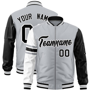 Custom Silver Black-White Varsity Full-Zip Raglan Sleeves Stripe Letterman Bomber Jacket