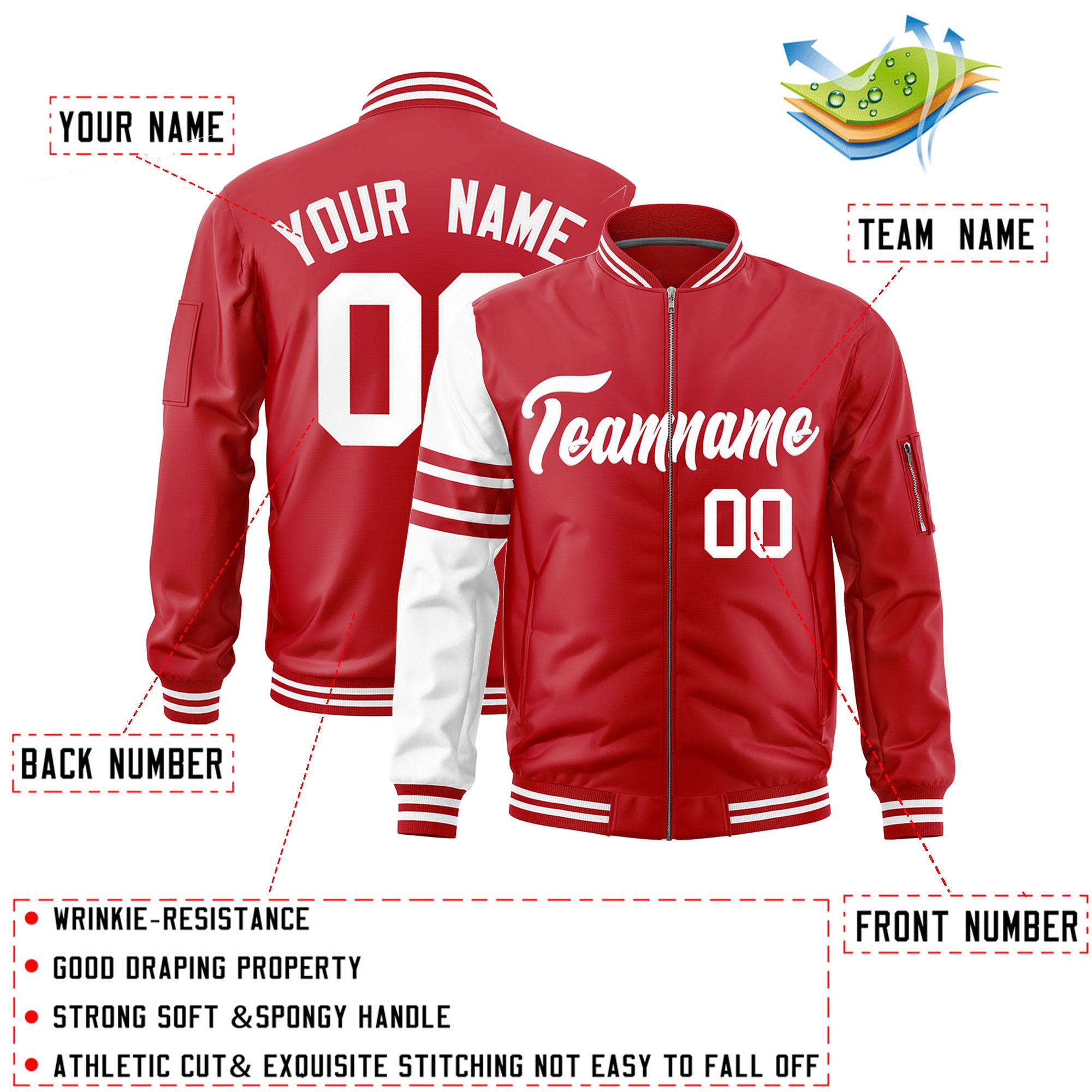 Custom Red White Varsity Full-Zip Raglan Sleeves Stripe Letterman Bomber Jacket