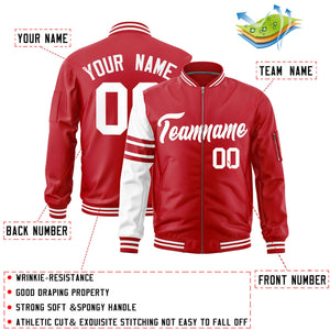 Custom Red White Varsity Full-Zip Raglan Sleeves Stripe Letterman Bomber Jacket