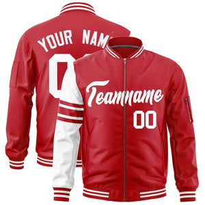 Custom Red White Varsity Full-Zip Raglan Sleeves Stripe Letterman Bomber Jacket