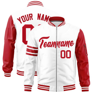 Custom White Red Varsity Full-Zip Raglan Sleeves Stripe Letterman Bomber Jacket