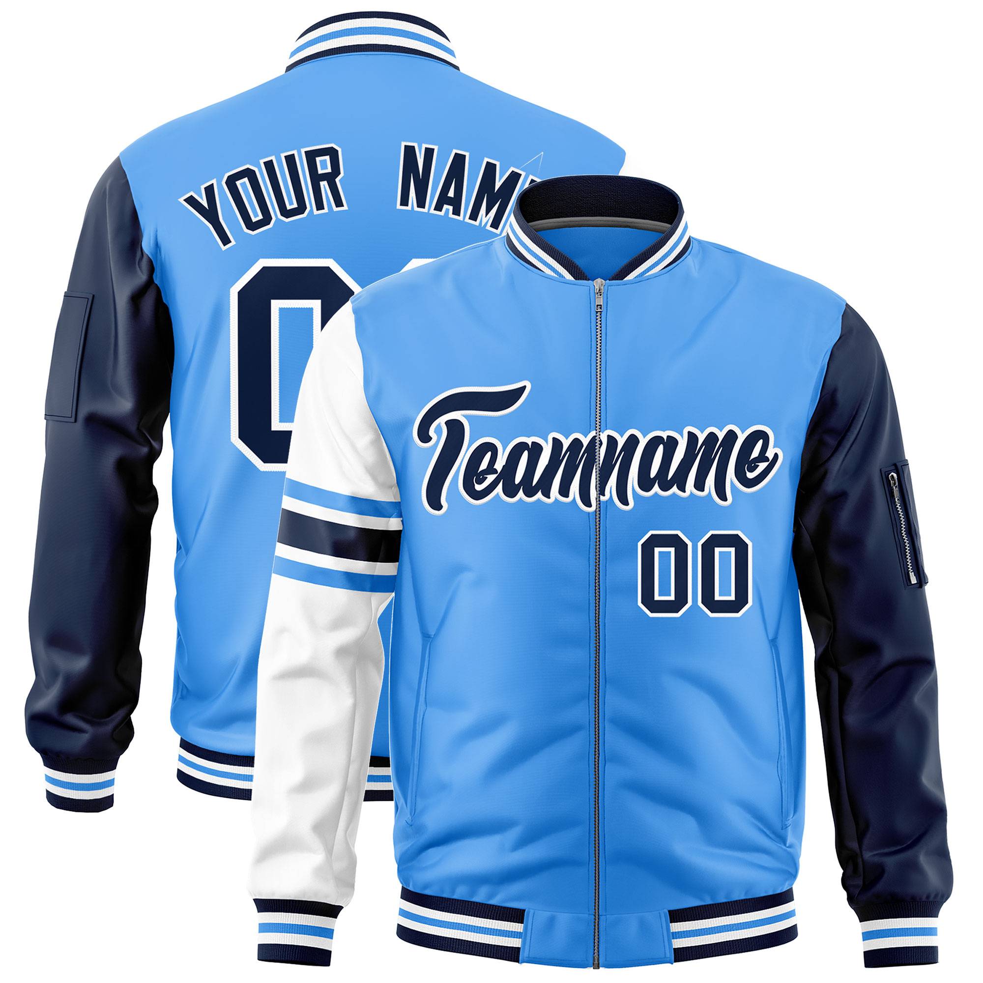 Custom Powder Blue Navy-White Varsity Full-Zip Raglan Sleeves Stripe Letterman Bomber Jacket