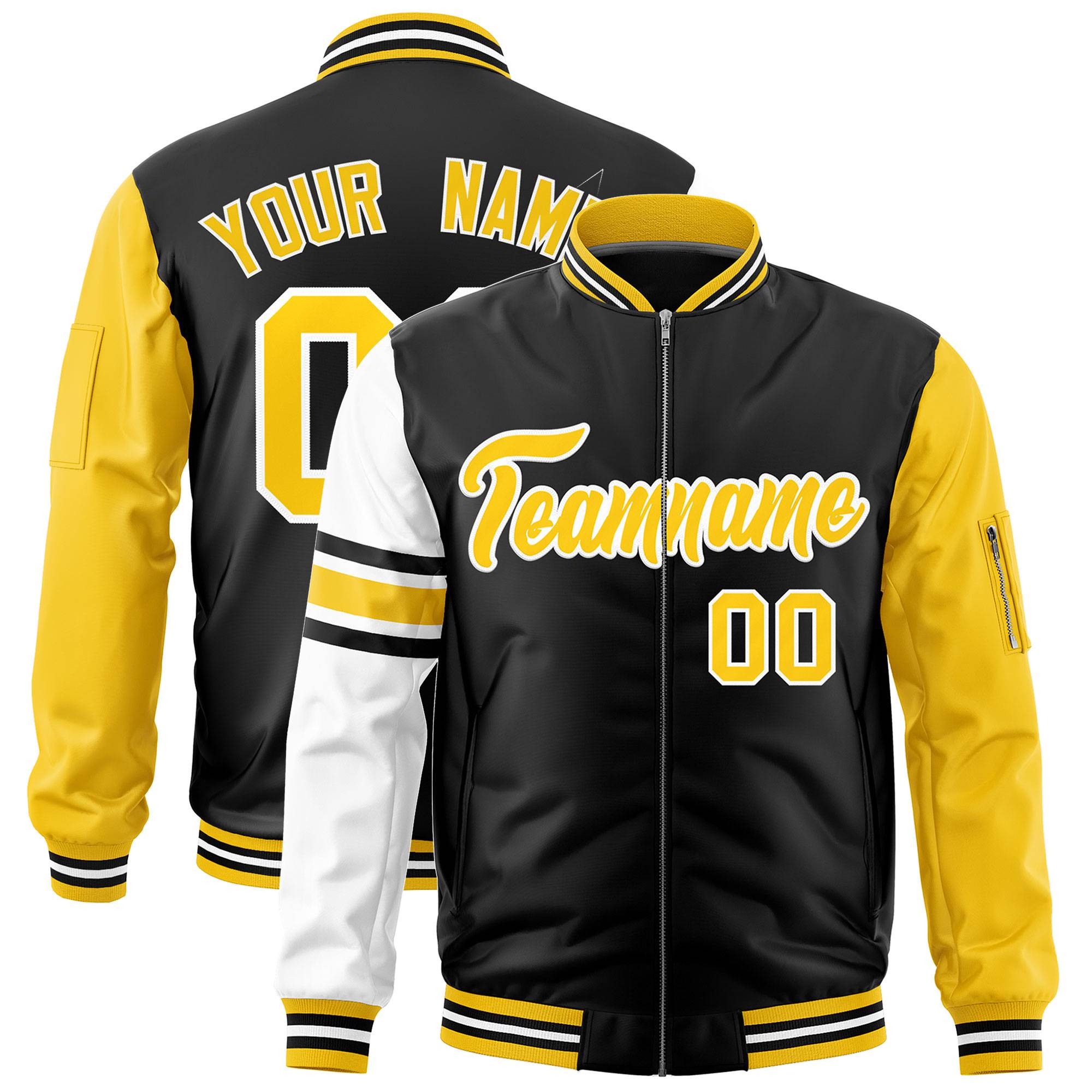 Custom Black Gold-White Varsity Full-Zip Raglan Sleeves Stripe Letterman Bomber Jacket