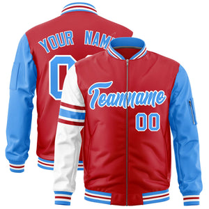 Custom Red Powder Blue-White Varsity Full-Zip Raglan Sleeves Stripe Letterman Bomber Jacket