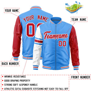 Custom Powder Blue Red-White Varsity Full-Zip Raglan Sleeves Stripe Letterman Bomber Jacket