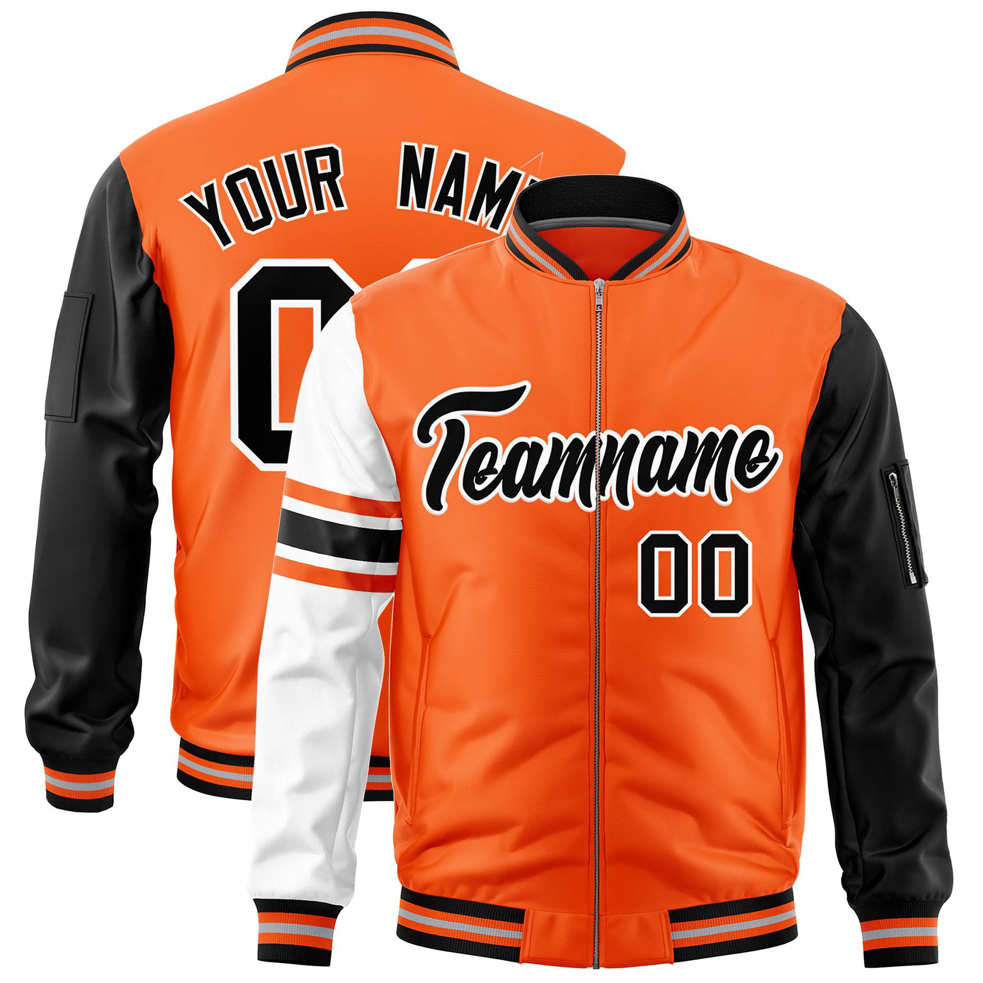 Custom Orange Black-White Varsity Full-Zip Raglan Sleeves Stripe Letterman Bomber Jacket