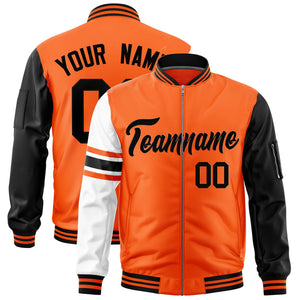 Custom Orange Black-White Varsity Full-Zip Raglan Sleeves Stripe Letterman Bomber Jacket