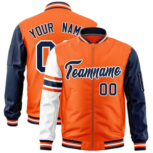 Custom Orange Navy-White Varsity Full-Zip Raglan Sleeves Stripe Letterman Bomber Jacket