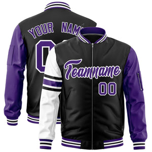 Custom Black Purple-White Varsity Full-Zip Raglan Sleeves Stripe Letterman Bomber Jacket