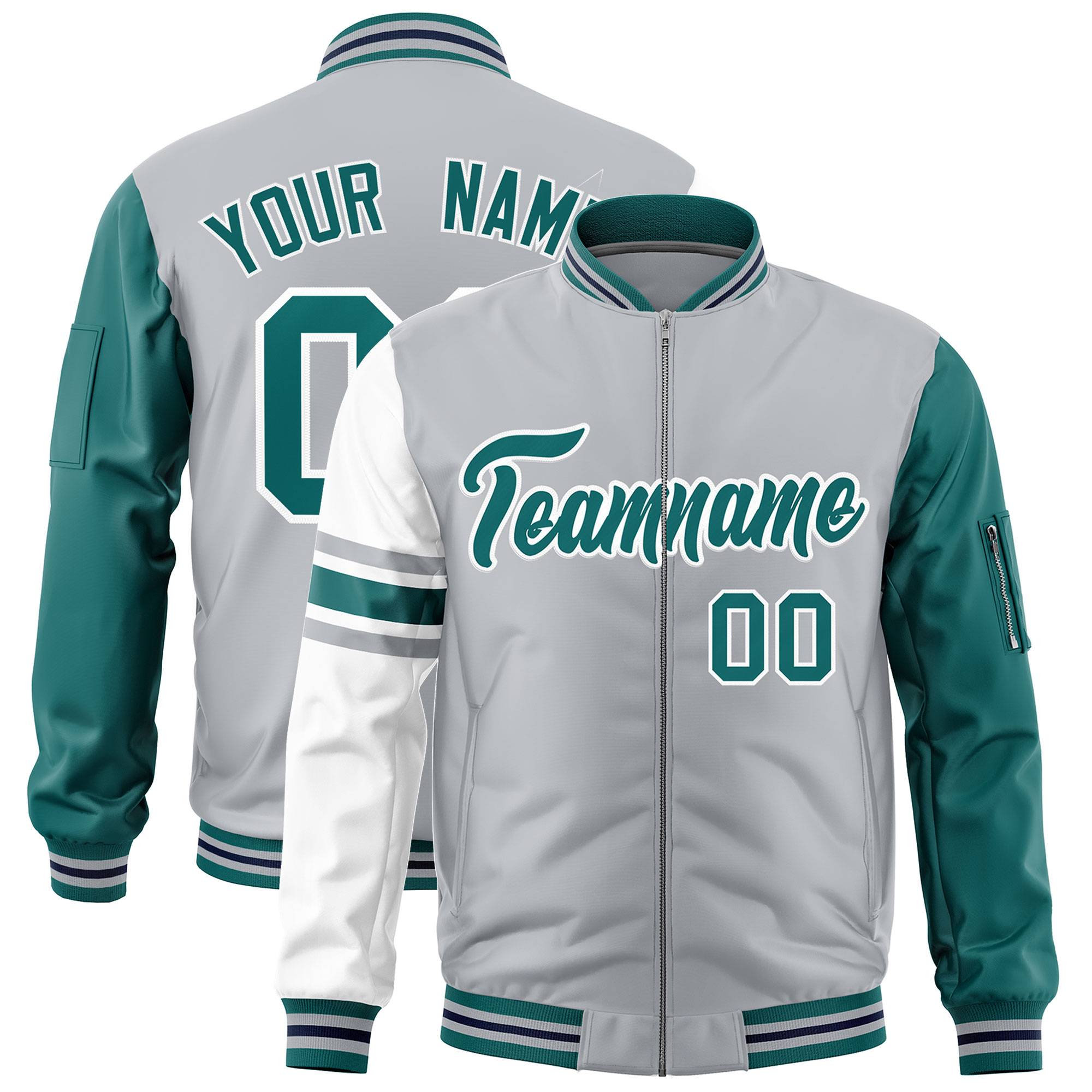 Custom Silver Aqua-White Varsity Full-Zip Raglan Sleeves Stripe Letterman Bomber Jacket