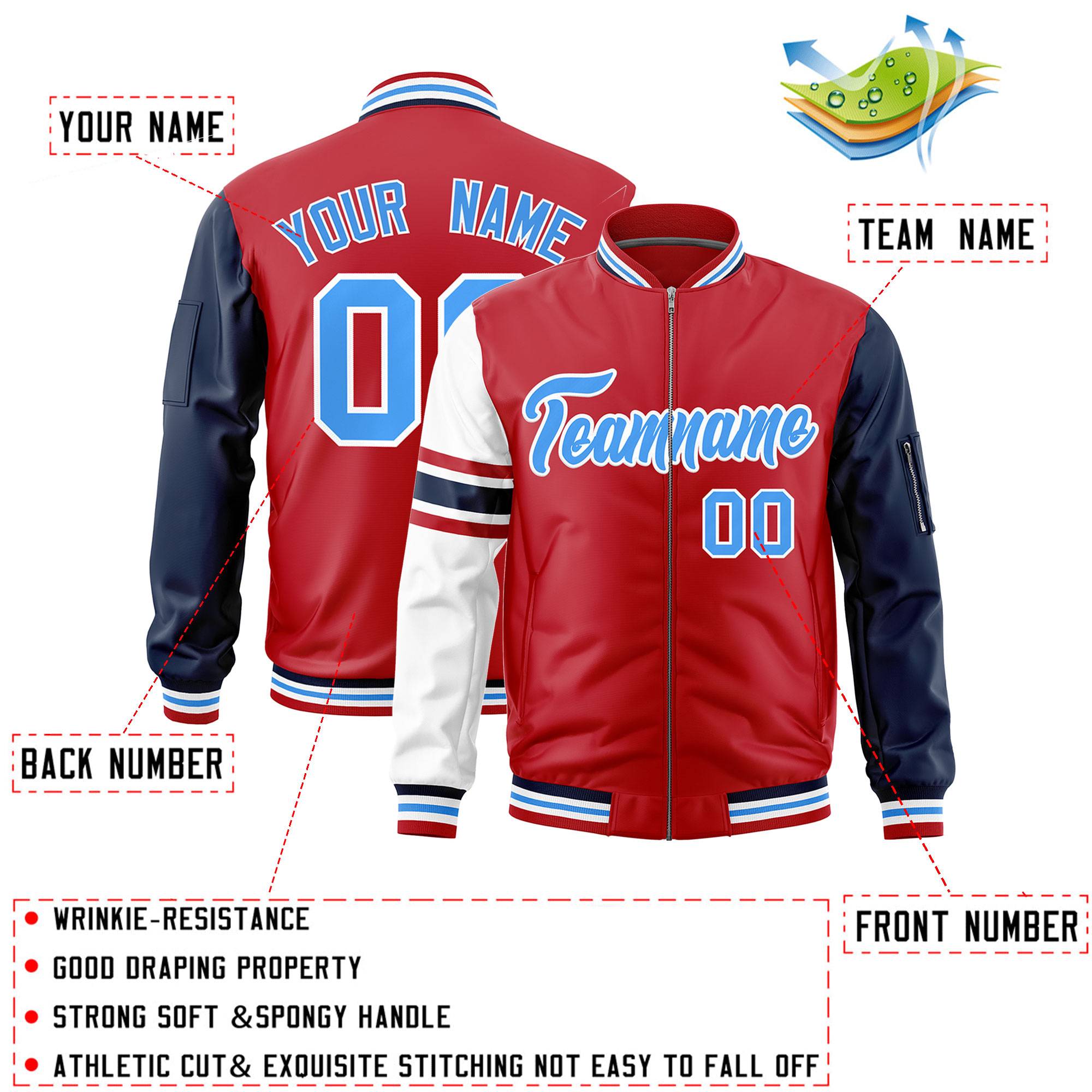 Custom Red Navy-White Varsity Full-Zip Raglan Sleeves Stripe Letterman Bomber Jacket