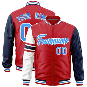 Custom Red Navy-White Varsity Full-Zip Raglan Sleeves Stripe Letterman Bomber Jacket