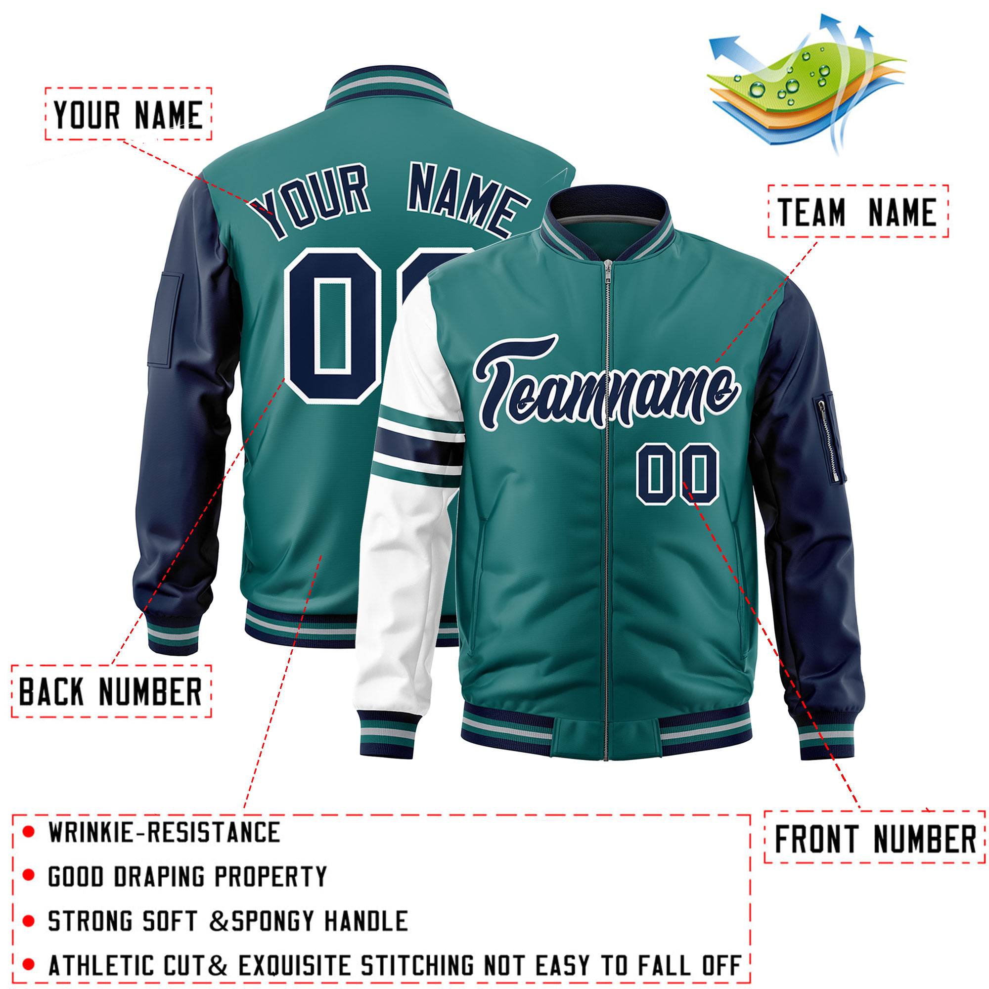 Custom Aqua Navy-White Varsity Full-Zip Raglan Sleeves Stripe Letterman Bomber Jacket