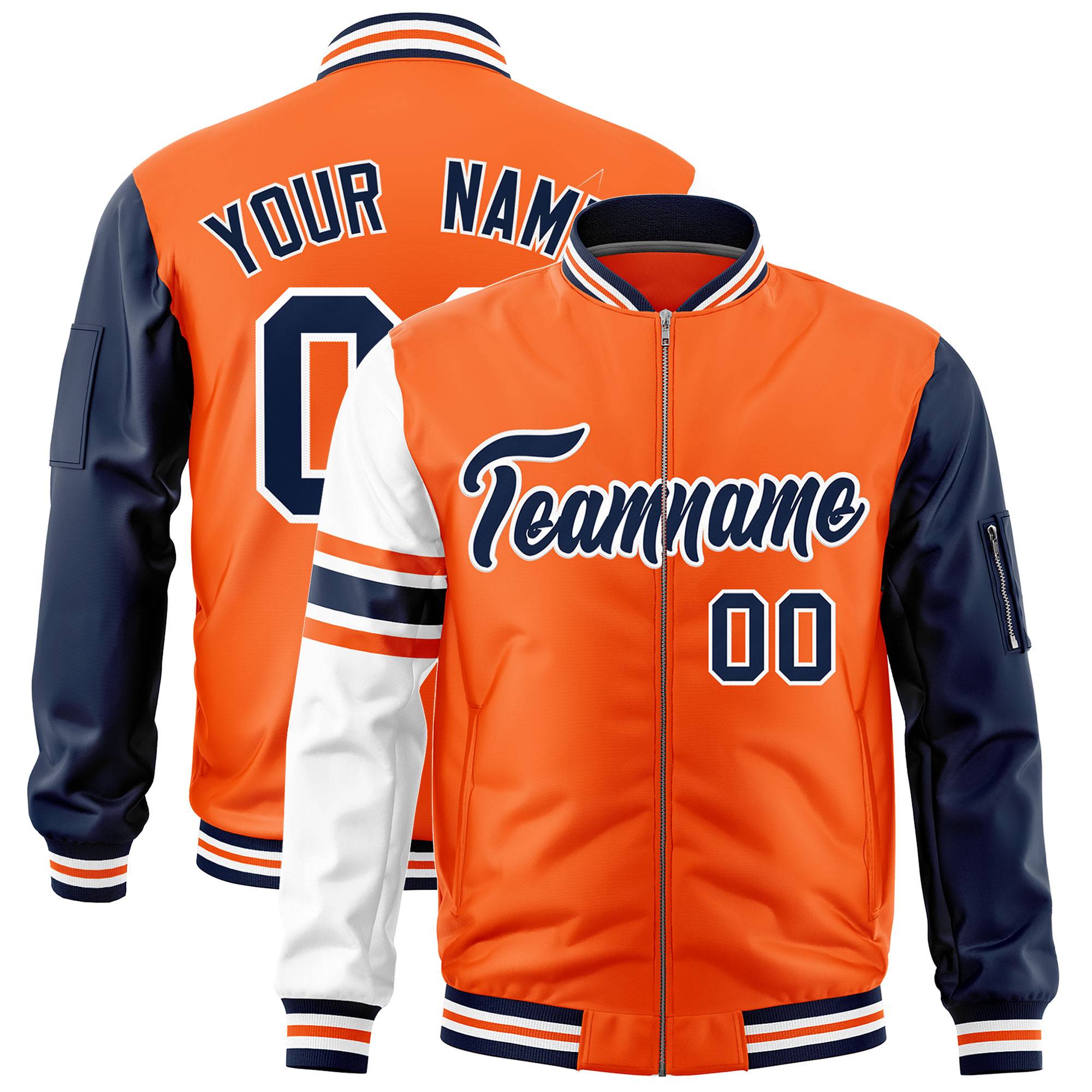 Custom Orange Navy-White Varsity Full-Zip Raglan Sleeves Stripe Letterman Bomber Jacket