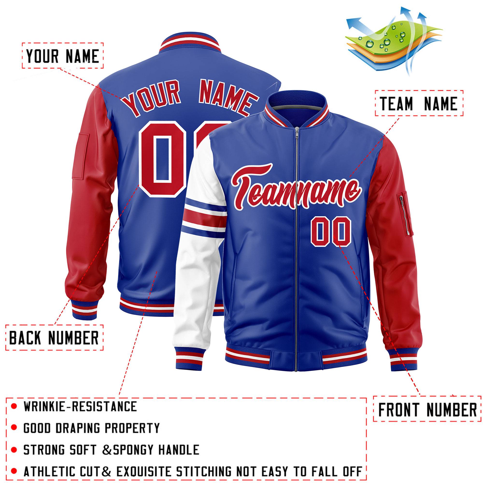 Custom Royal Red-White Varsity Full-Zip Raglan Sleeves Stripe Letterman Bomber Jacket