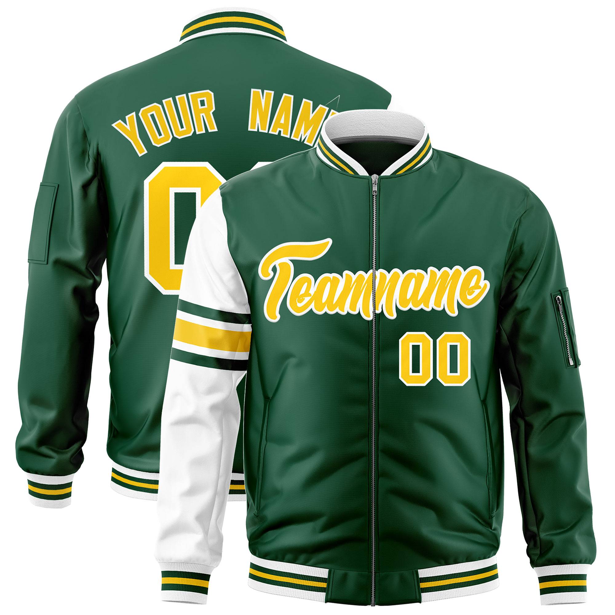 Custom Green White Varsity Full-Zip Raglan Sleeves Stripe Letterman Bomber Jacket