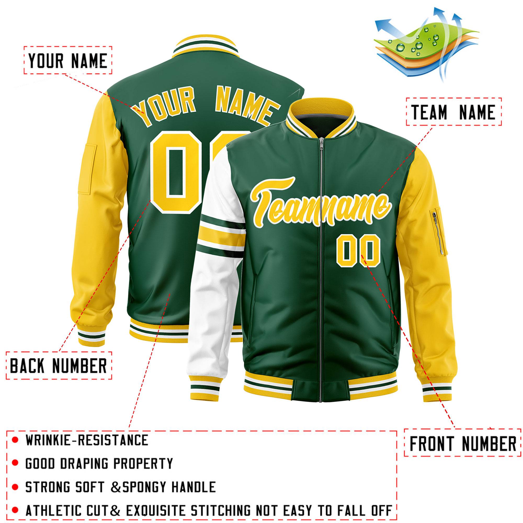 Custom Green Gold-White Varsity Full-Zip Raglan Sleeves Stripe Letterman Bomber Jacket