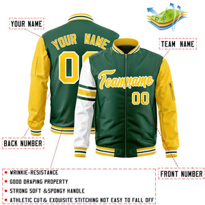 Custom Green Gold-White Varsity Full-Zip Raglan Sleeves Stripe Letterman Bomber Jacket