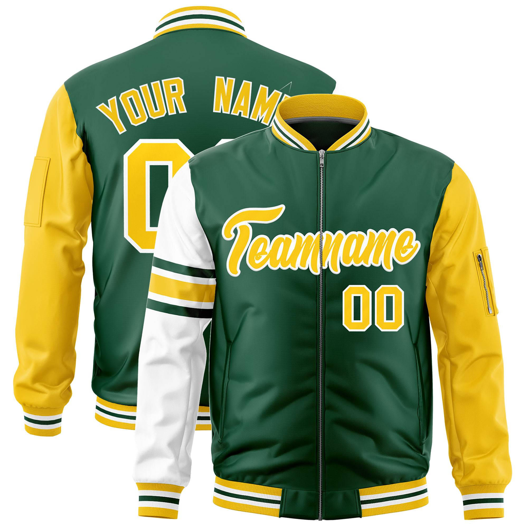 Custom Green Gold-White Varsity Full-Zip Raglan Sleeves Stripe Letterman Bomber Jacket