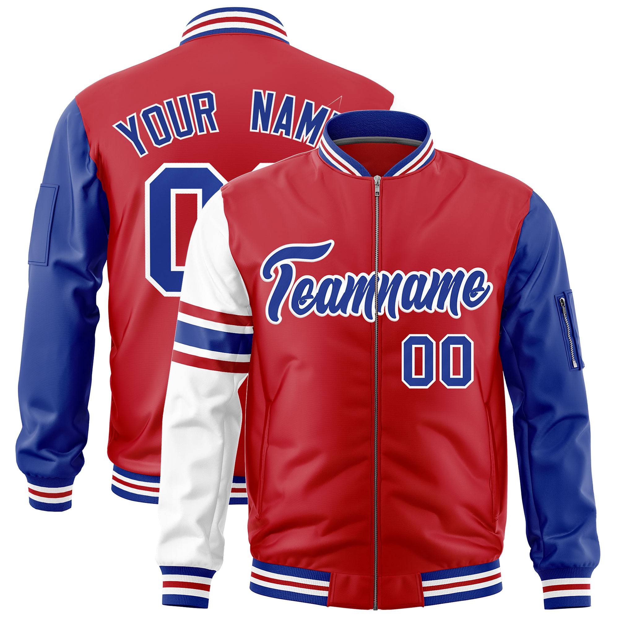 Custom Red Royal-White Varsity Full-Zip Raglan Sleeves Stripe Letterman Bomber Jacket